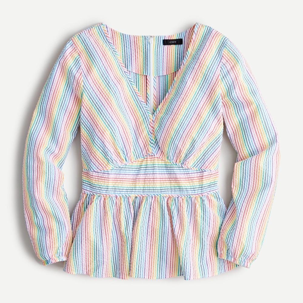 J Crew Rainbow Seersucker Longsleeve Peplum V Neck Cotton Top Size 12